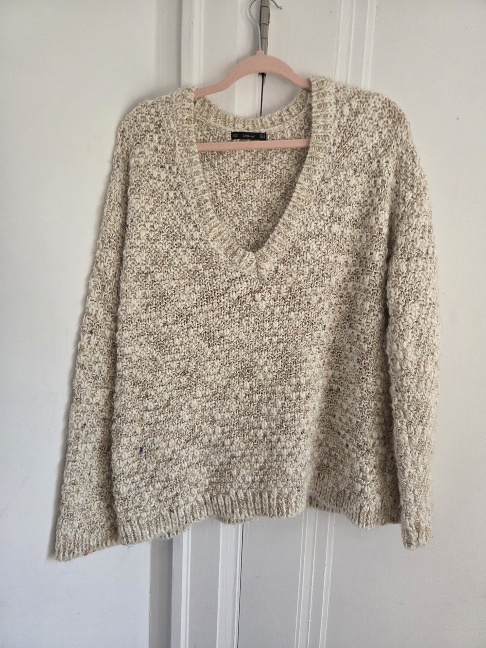Zara Knit Speckled Cream V-Neck Chunky Knit Sweater Seize M